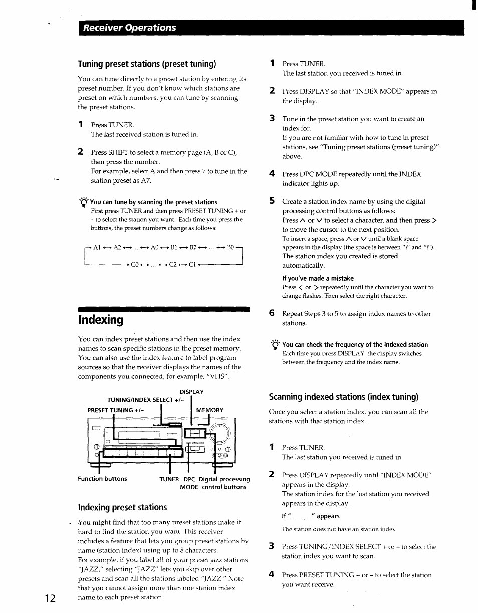Tuning preset stations (preset tuning), Q'you can tune by scanning the preset stations, Indexing | Indexing preset stations, You can check the frequency of the indexed station, Scanning indexed stations (index tuning), Receiver operations | Sony STR-D965 User Manual | Page 12 / 28