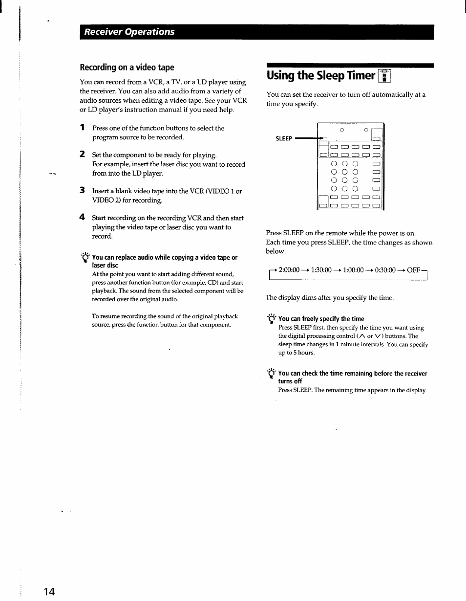 Recording on a video tape, Using the sleep timer [j, Q' you can freely specify the time | Receiver operations, O o o | Sony STR-D965 User Manual | Page 14 / 28