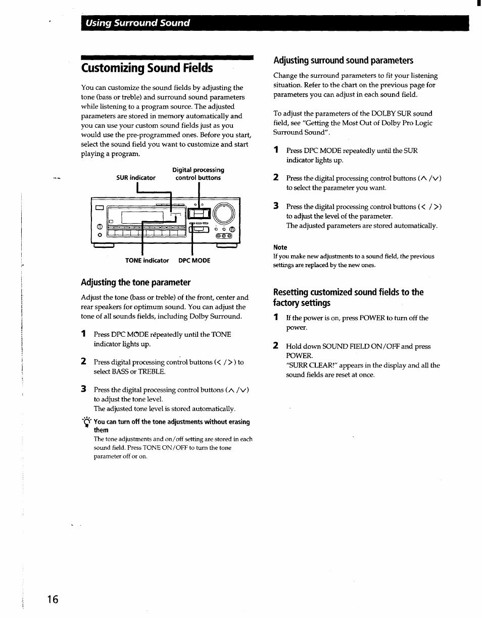 Customizing sound fields, Adjusting the tone parameter, Adjusting surround sound parameters | Note | Sony STR-D965 User Manual | Page 16 / 28