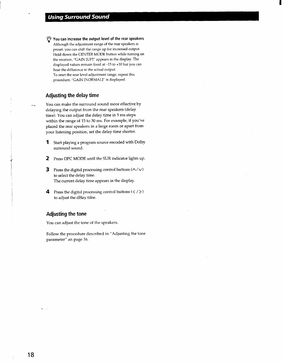 Adjusting the delay time, Adjusting the tone | Sony STR-D965 User Manual | Page 18 / 28