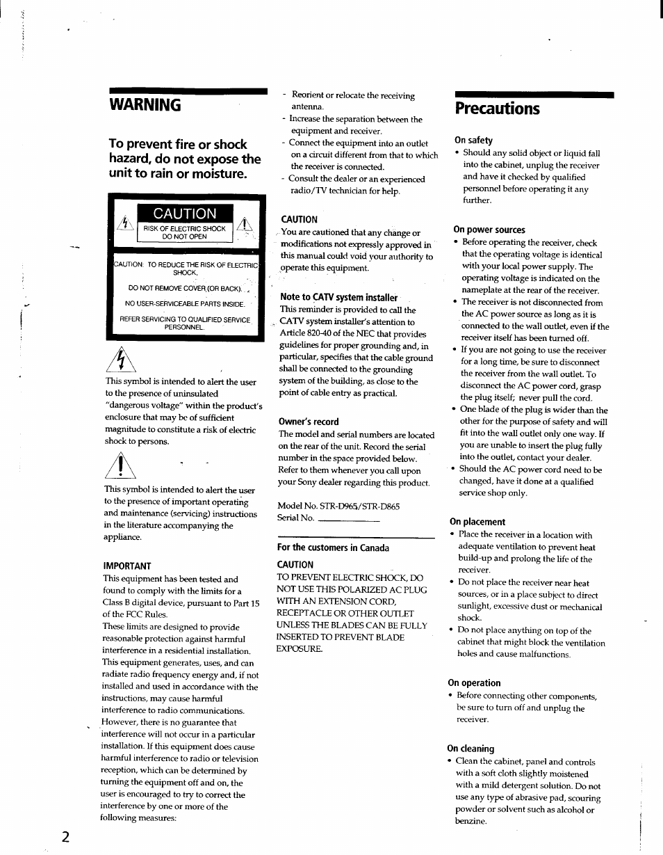 Warning, Important, Caution | Note to catv system installer, Owner's record, For the customers in canada caution, Precautions, On safety, On power sources, On placement | Sony STR-D965 User Manual | Page 2 / 28