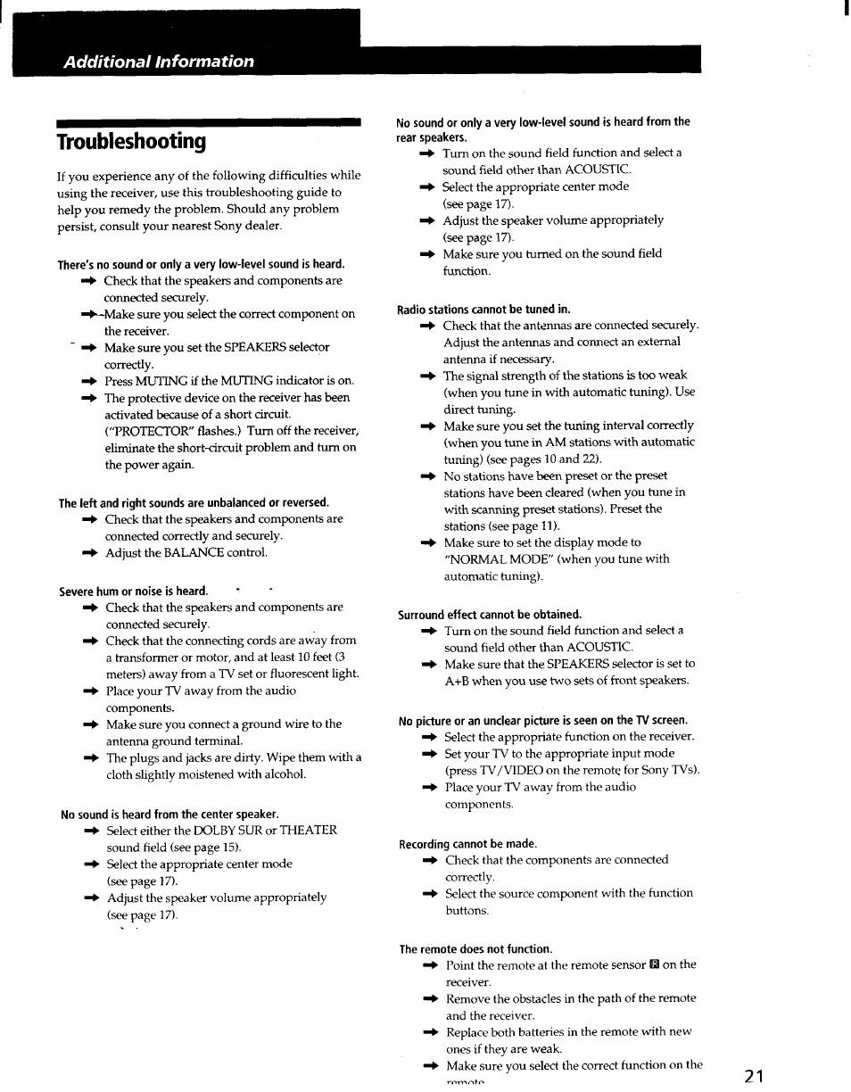 Troubleshooting, Severe hum or noise is heard, No sound is heard from the center speaker | Radio stations cannot be tuned in, Surround effect cannot be obtained, Recording cannot be made, The remote does not function | Sony STR-D965 User Manual | Page 21 / 28