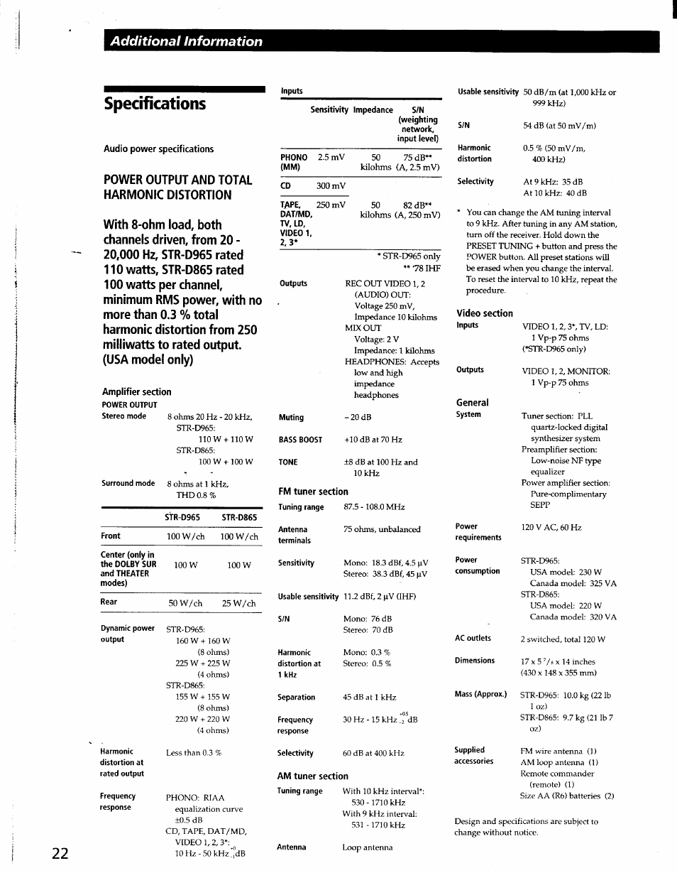 Specifications, Audio power specifications, Additional information | Sony STR-D965 User Manual | Page 22 / 28