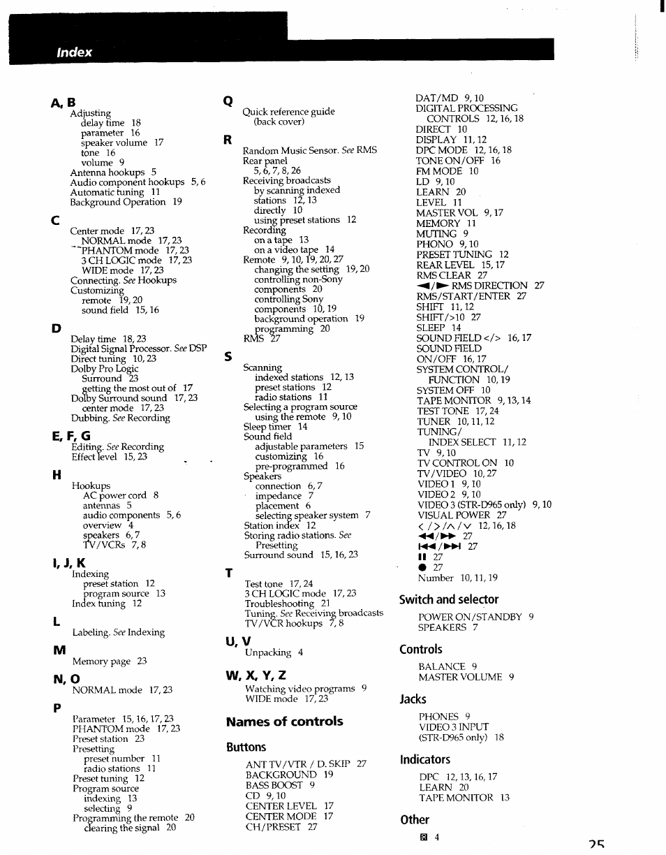 E,f,g, I, j,k, N, o | W, x, y, z, Names of controls, Buttons, Switch and selector, Controls, Jacks, Indicators | Sony STR-D965 User Manual | Page 25 / 28