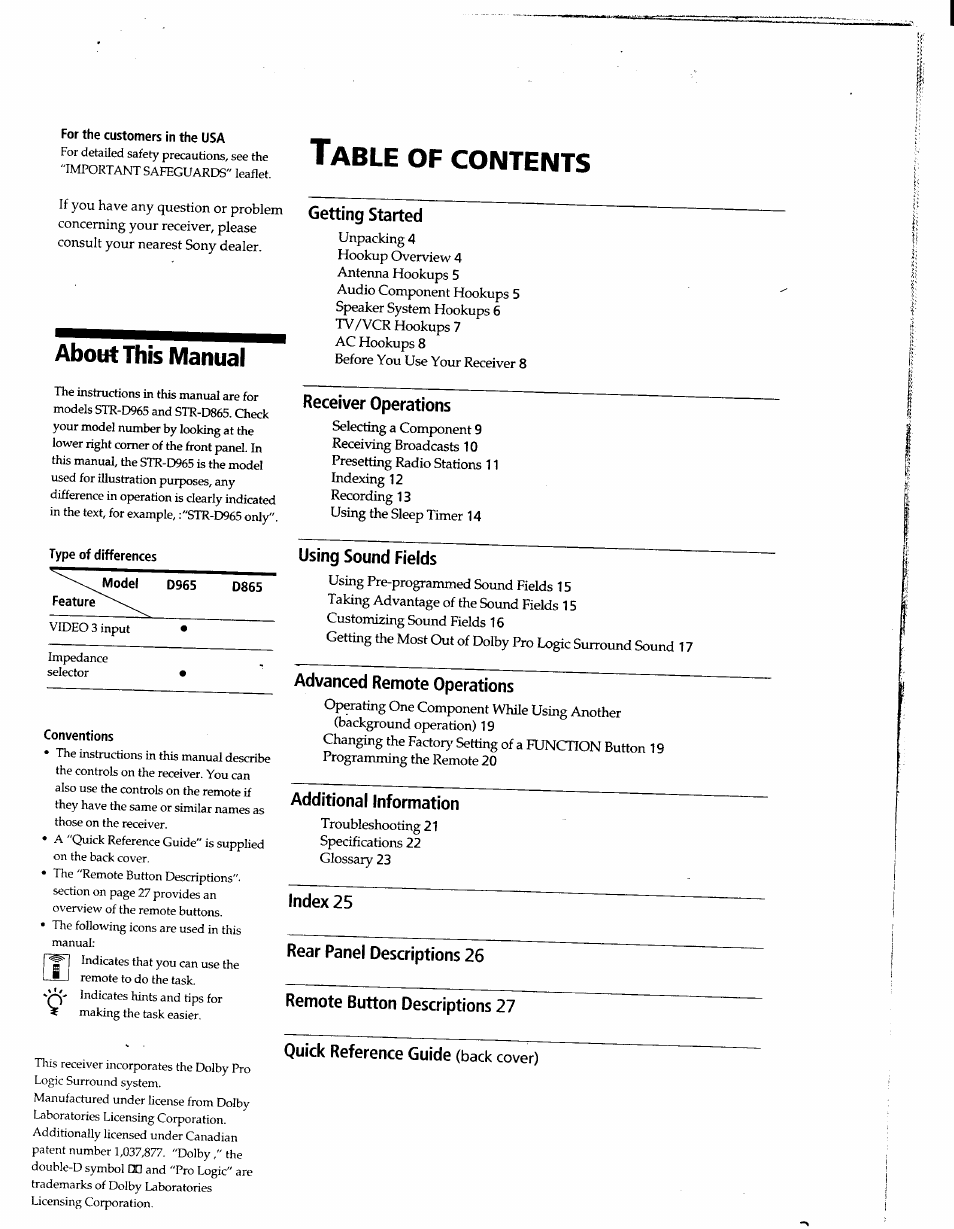 For the customers in the usa, About this manual, Type of differences | Getting started, Receiver operations, Conventions, Additional information, Index 25, Rear panel descriptions 26, Remote button descriptions 27 | Sony STR-D965 User Manual | Page 3 / 28