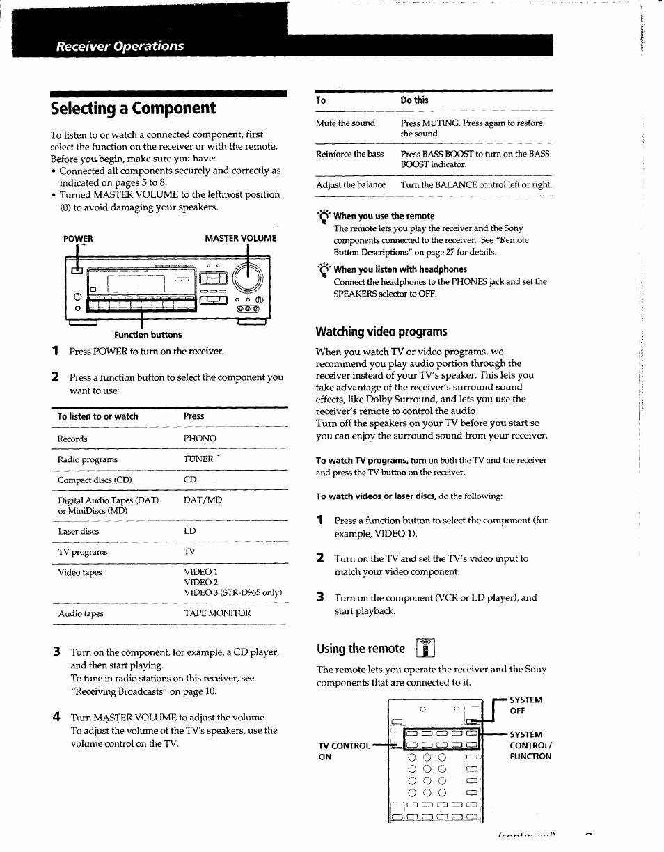 Selecting a component, Watching video programs, Using the remote | Sony STR-D965 User Manual | Page 9 / 28