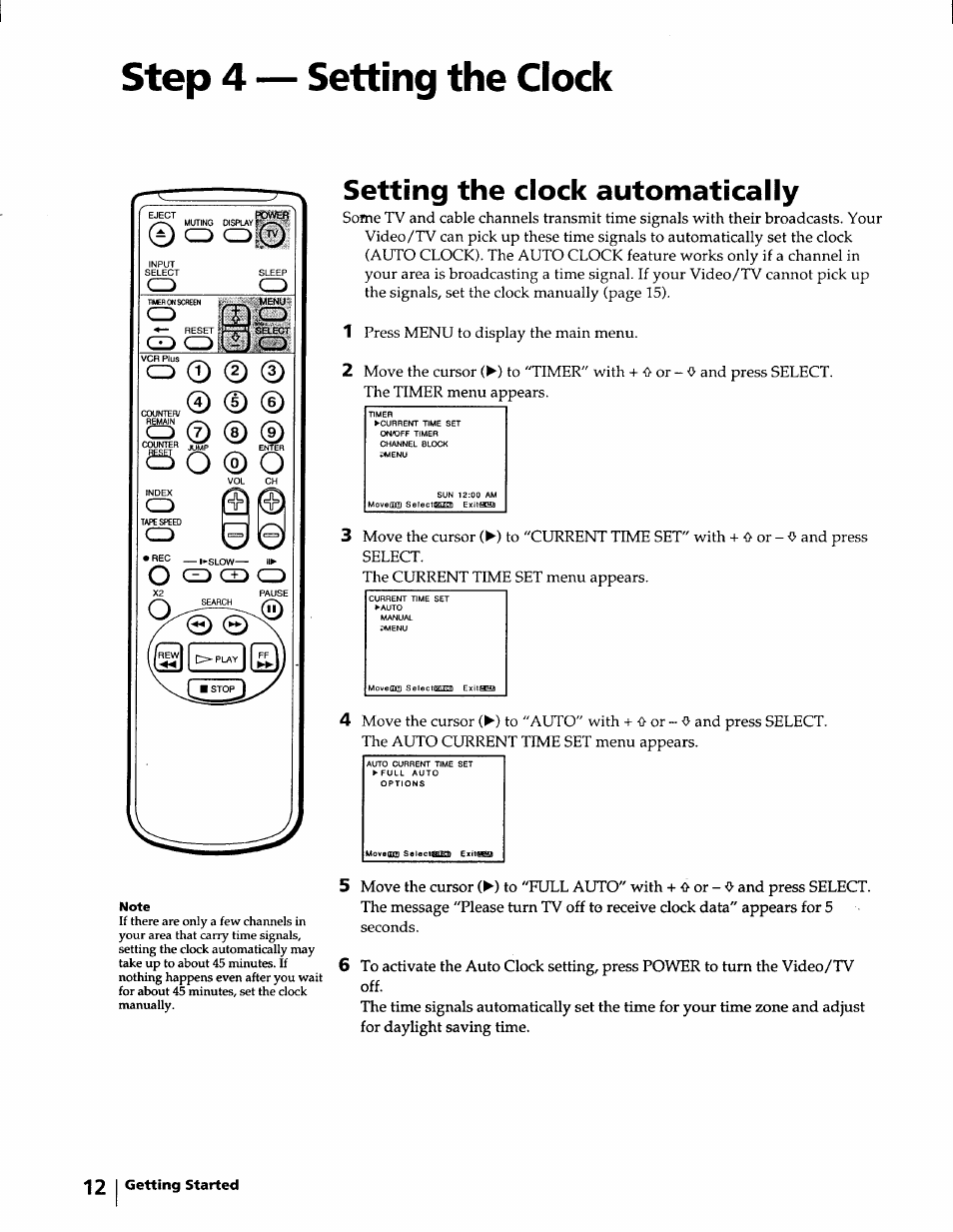 Step 4 — setting the clock, Setting the clock automatically | Sony KV-20VM40 User Manual | Page 12 / 52