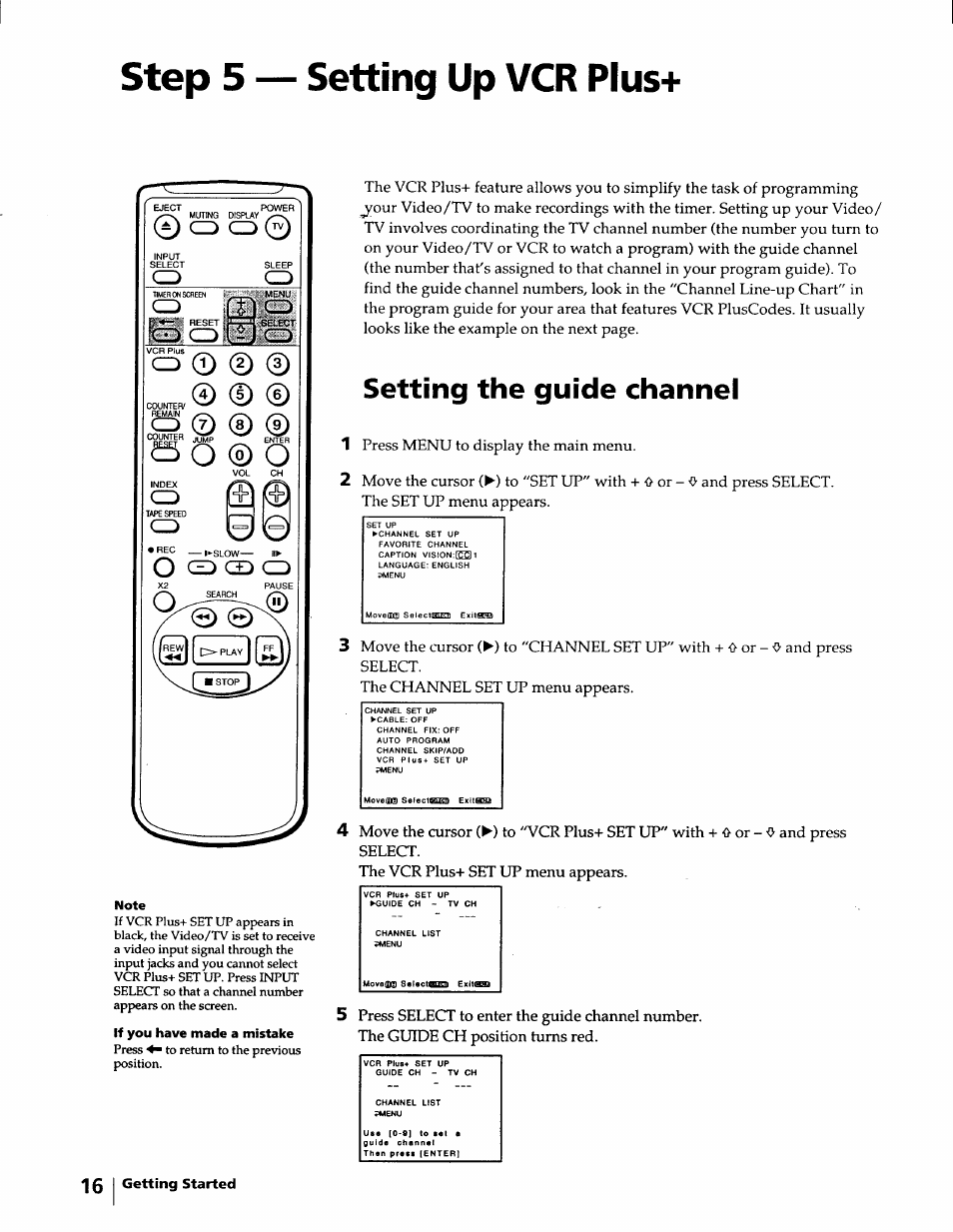 Step 5 — setting up vcr plus, Setting the guide channel | Sony KV-20VM40 User Manual | Page 16 / 52
