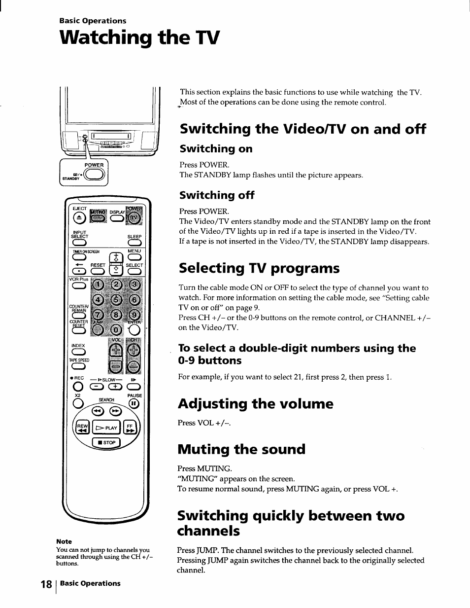 Watching the tv, Switching the video/tv on and off, Switching on | Switching off, Selecting tv programs, Adjusting the volume, Muting the sound, Switching quickly between two channels | Sony KV-20VM40 User Manual | Page 18 / 52
