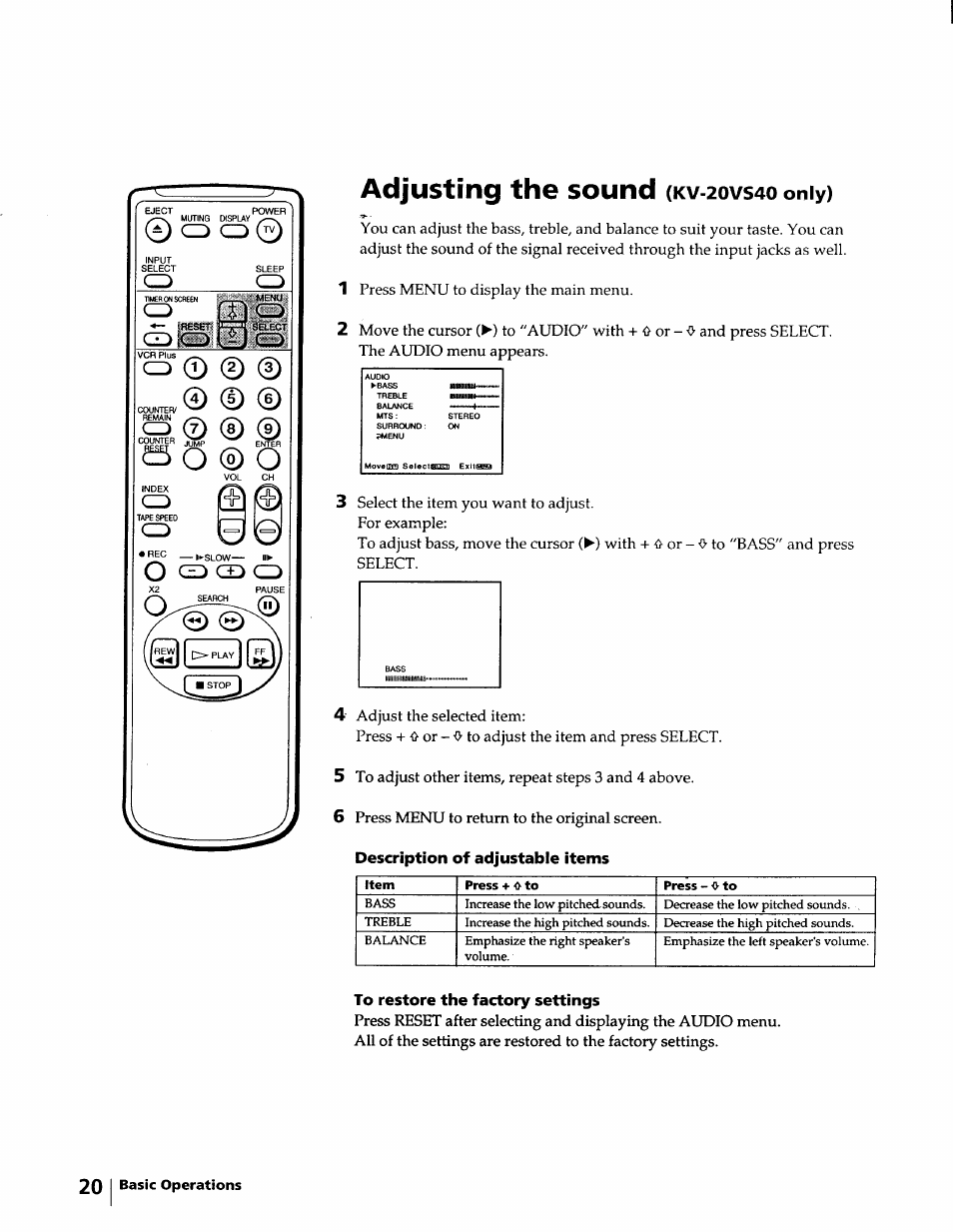 Adjusting the sound (kv-2ovs4o only), Adjusting the sound (kv-20vs40 only), Adjusting the sound | Only) | Sony KV-20VM40 User Manual | Page 20 / 52