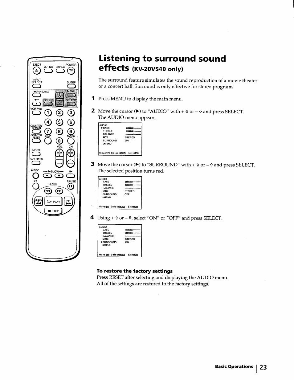 Listening to surround sound, Effects (kv-20vs40 only), Listening to surround sound effects | Kv-20vs40 only), Press menu to display the main menu | Sony KV-20VM40 User Manual | Page 23 / 52