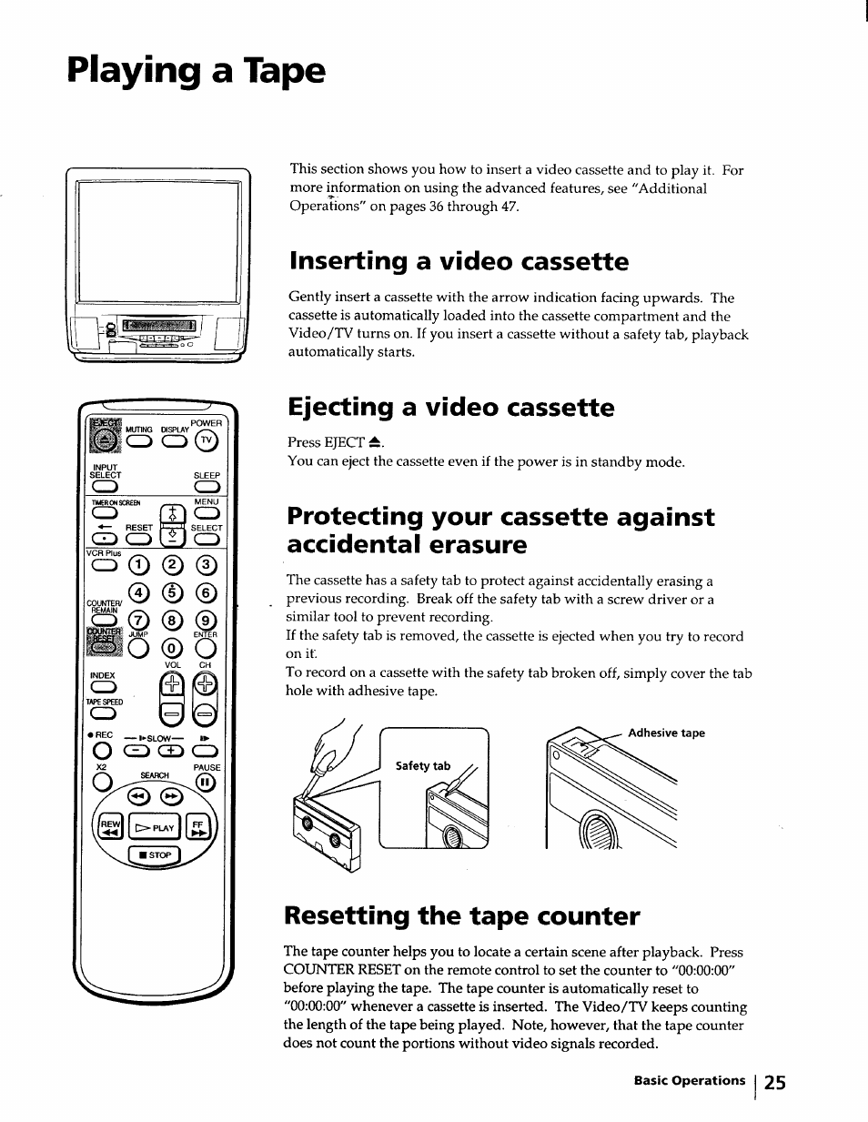 Playing a tape, Inserting a video cassette, Ejecting a video cassette | Resetting the tape counter | Sony KV-20VM40 User Manual | Page 25 / 52