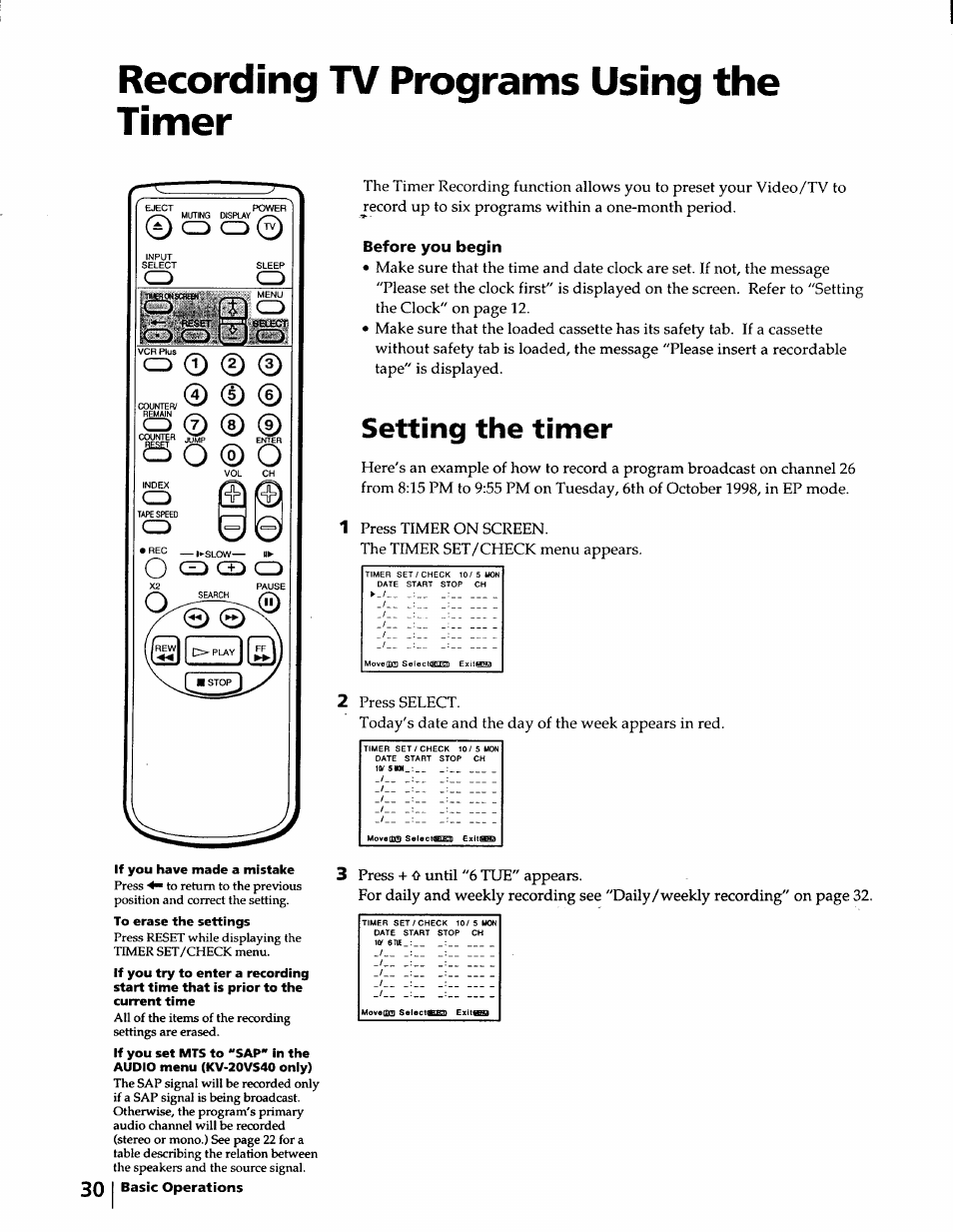 Recording tv programs using the timer, Setting the timer, G o ® o | 0 cd c30, Iq.s | Sony KV-20VM40 User Manual | Page 30 / 52