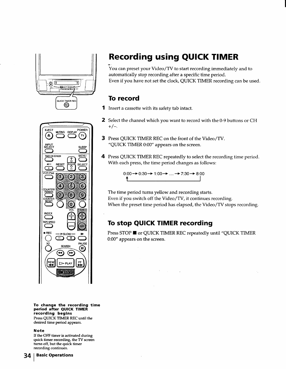 Recording using quick timer, To record, To stop quick timer recording | Sony KV-20VM40 User Manual | Page 34 / 52