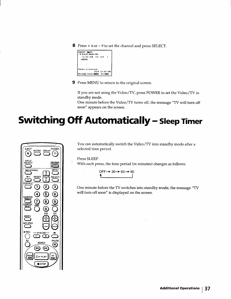 Switching off automatically - sleep timer, Switching off automatically, Sleep timer | T________________ i | Sony KV-20VM40 User Manual | Page 37 / 52