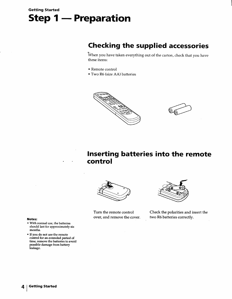 Preparation, Checking the supplied accessories, Inserting batteries into the remote control | Step 1 preparation | Sony KV-20VM40 User Manual | Page 4 / 52