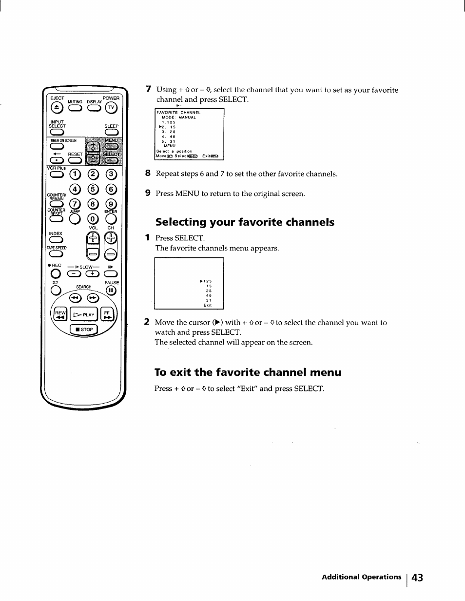 Selecting your favorite channels, To exit the favorite channel menu | Sony KV-20VM40 User Manual | Page 43 / 52