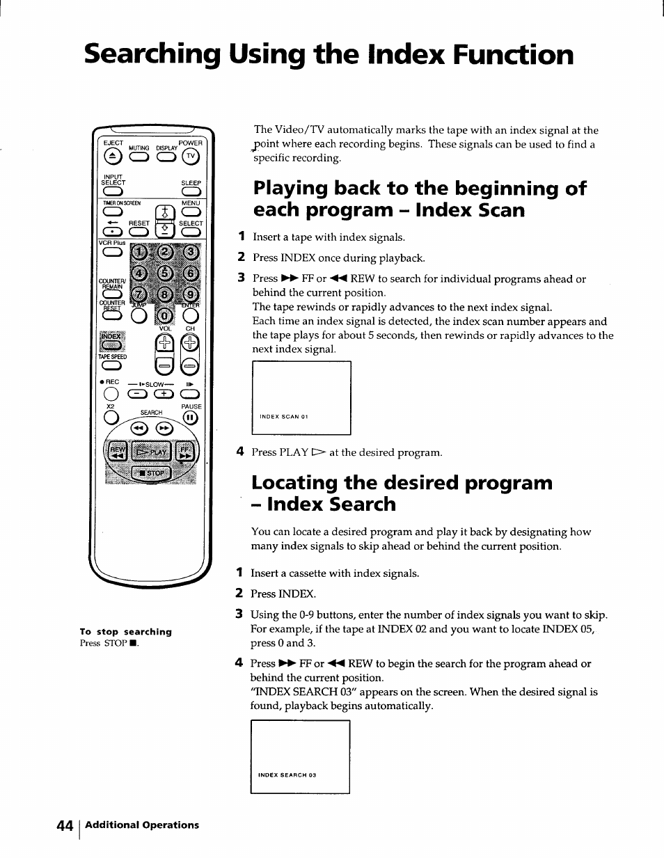 Searching using the index function, Locating the desired program - index search | Sony KV-20VM40 User Manual | Page 44 / 52