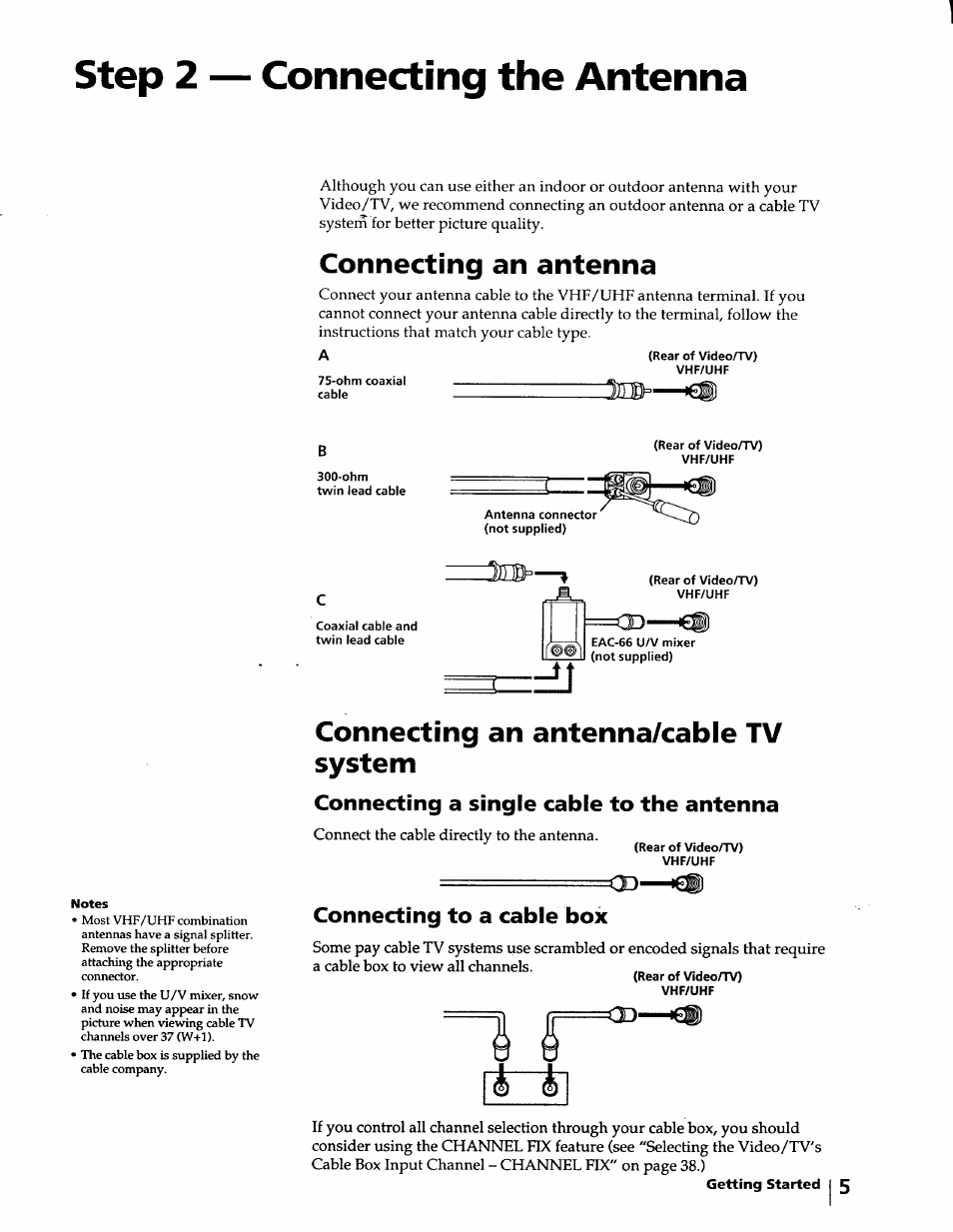 Step 2 — connecting the antenna, Connecting an antenna, Connecting an antenna/cable tv system | Connecting a single cable to the antenna, Connecting to a cable box | Sony KV-20VM40 User Manual | Page 5 / 52