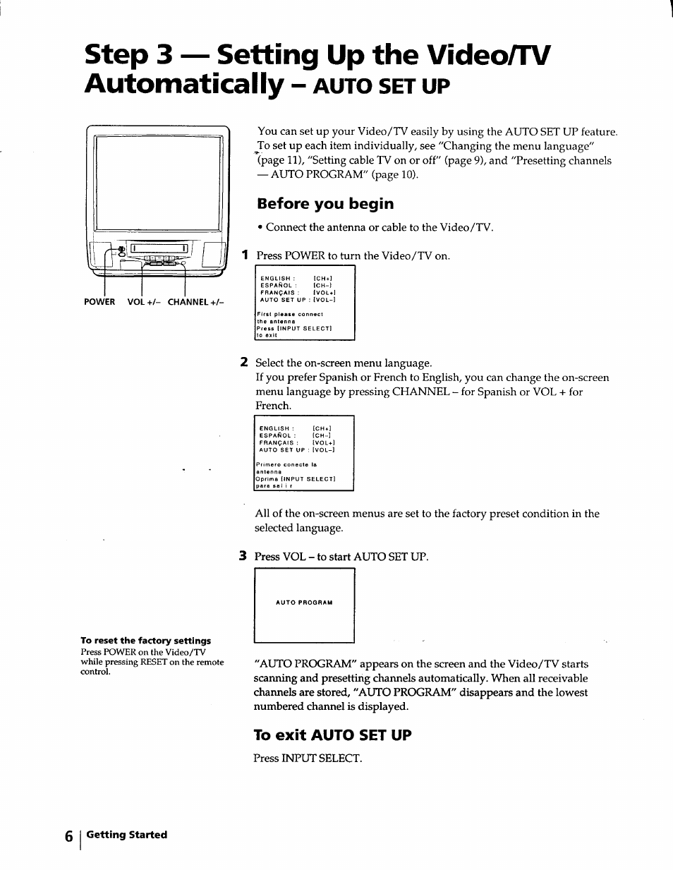 Before you begin, To exit auto set up, Step 3 — setting up the automatically | Auto | Sony KV-20VM40 User Manual | Page 6 / 52