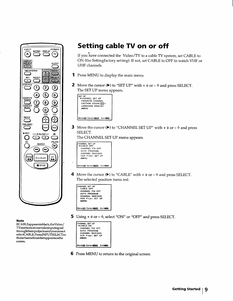 Setting cable tv on or off, 5 using, Select "on" or "off" and press select | Press menu to return to the original screen | Sony KV-20VM40 User Manual | Page 9 / 52