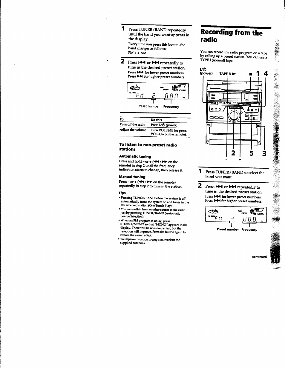 To listen to non-preset radio stations, Recording from the radio | Sony MHC-RXD2 User Manual | Page 11 / 28