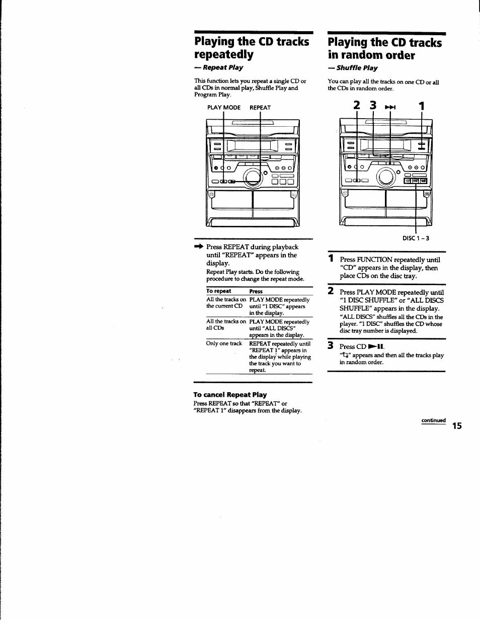 Playing the cd tracks repeatedly, To cancel repeat play, Playing the cd tracks in random order | Sony MHC-RXD2 User Manual | Page 15 / 28