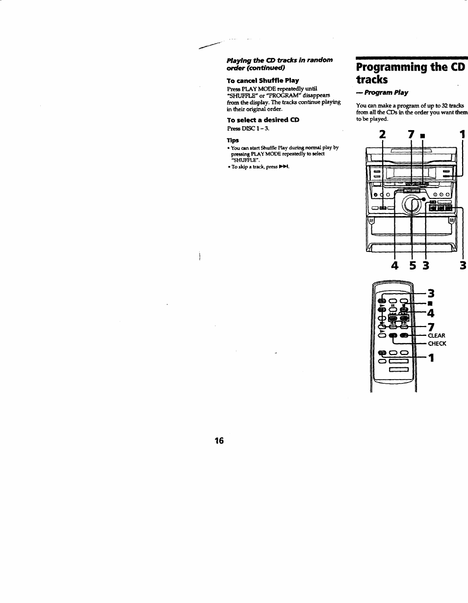 To cancel shuffle play, To select a desired cd, Programming the cd tracks | Sony MHC-RXD2 User Manual | Page 16 / 28