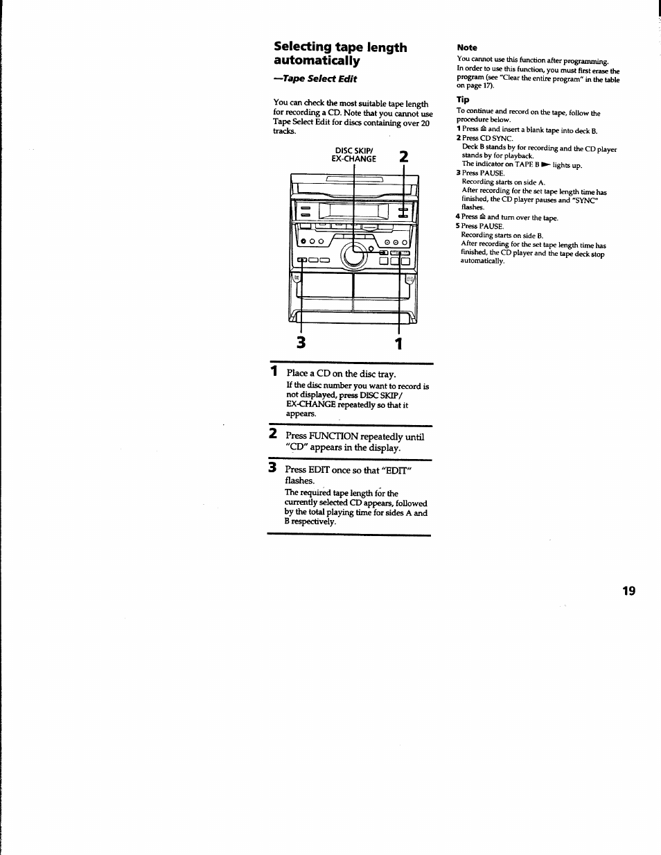 Selecting tape length automatically | Sony MHC-RXD2 User Manual | Page 19 / 28