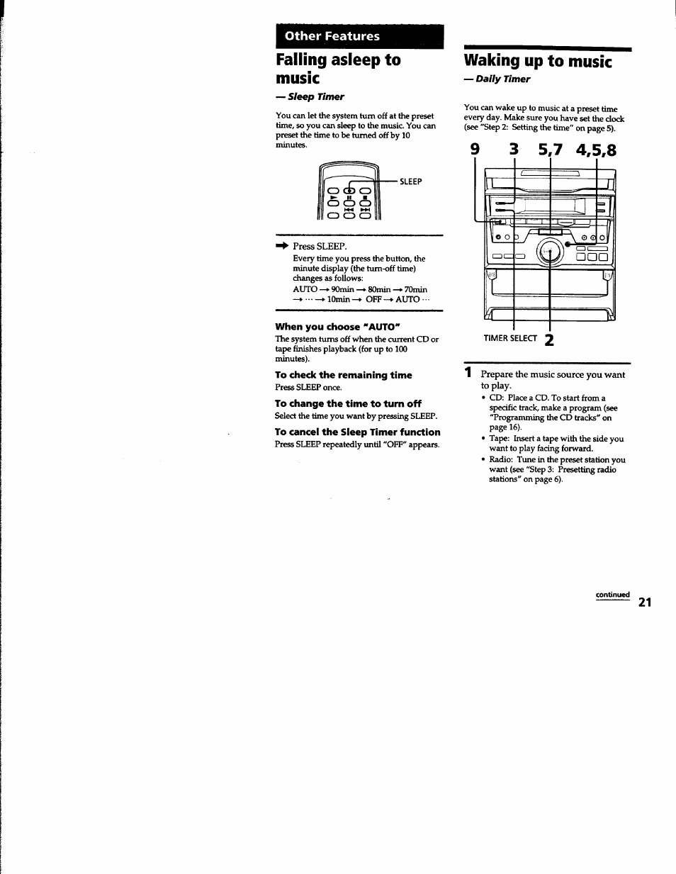 Failing asleep to music, Waking up to music, When you choose "auto | To check the remaining time, To change the time to turn off, To cancei the sleep timer function, Falling asleep to music, Other features | Sony MHC-RXD2 User Manual | Page 21 / 28