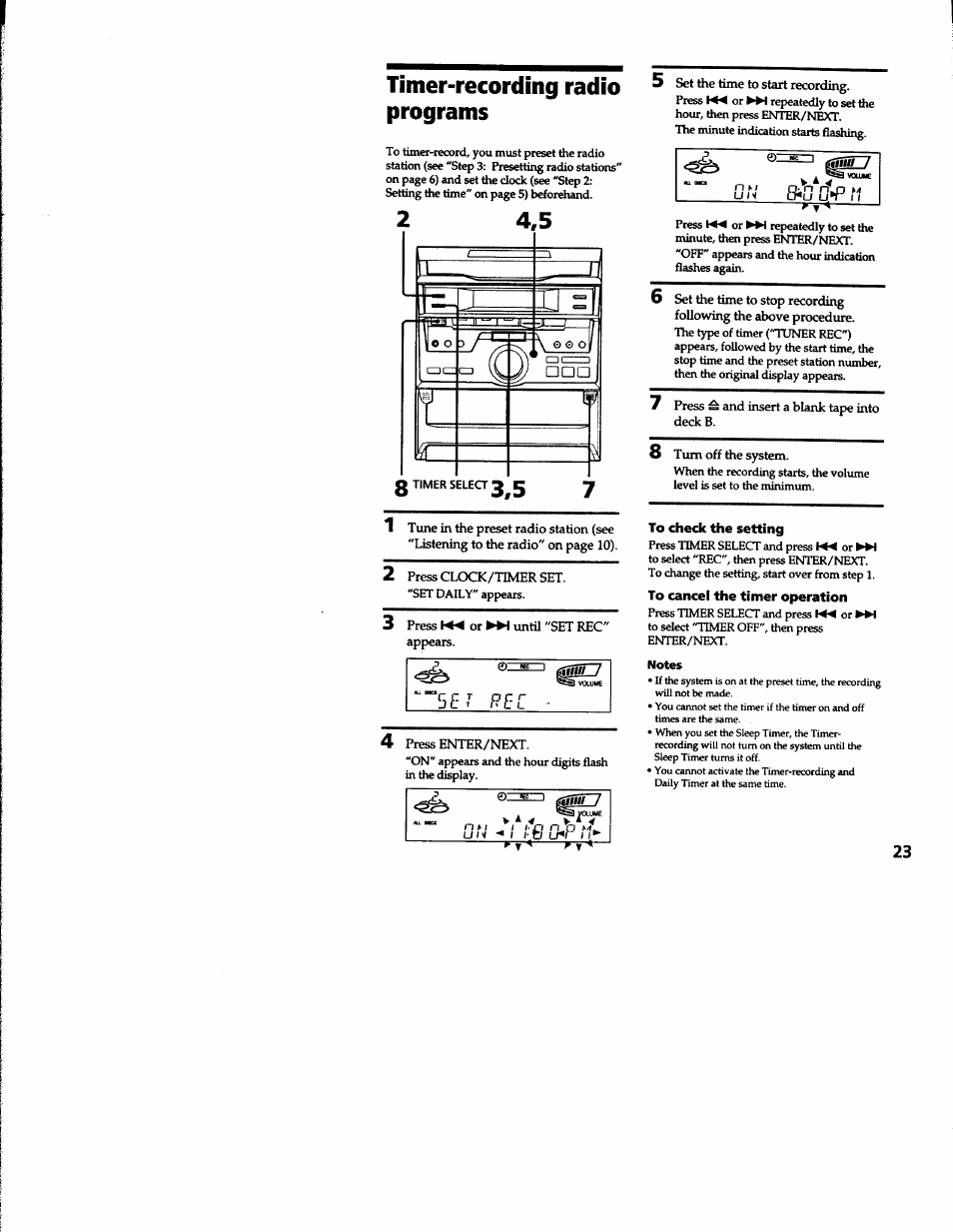 Timer-recording radio programs, To check the setting, To cancel the timer operation | Sony MHC-RXD2 User Manual | Page 23 / 28