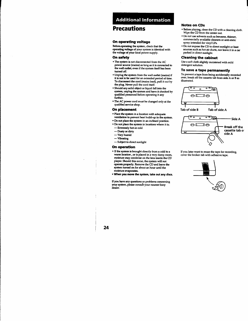 Precautions, On operating voltage, On safety | On placement, On operation, Notes on cds, Cleaning the cabinet, To save a tape permanently, Additional information | Sony MHC-RXD2 User Manual | Page 24 / 28