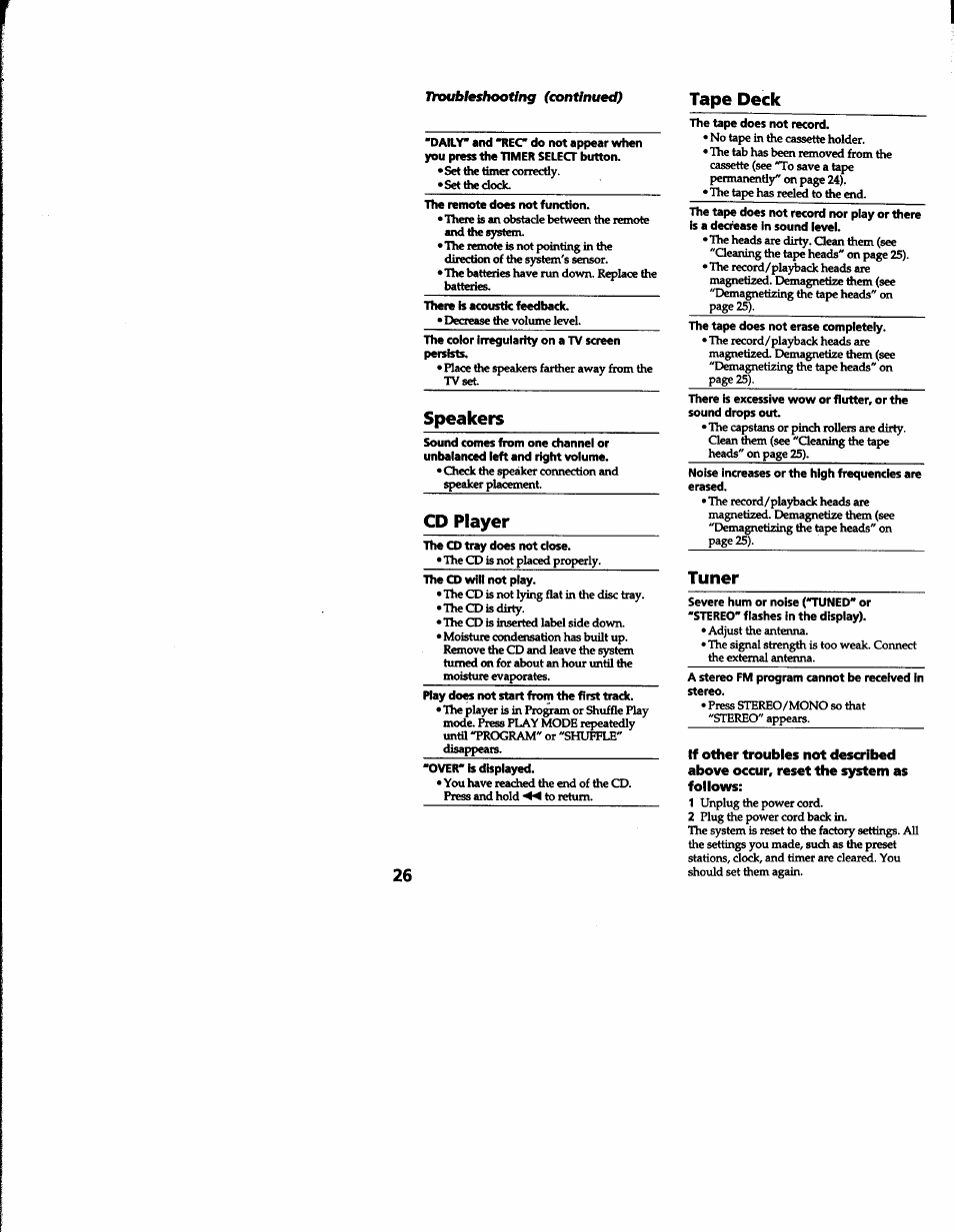 Speakers, Cd player, Tuner | Tape deck | Sony MHC-RXD2 User Manual | Page 26 / 28