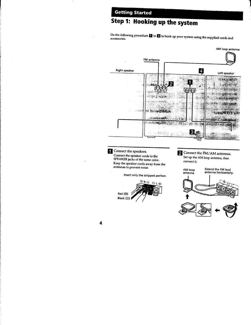 Step 1: hooking up the system, Step 1: hooking up ttie system, Getting started | Sony MHC-RXD2 User Manual | Page 4 / 28