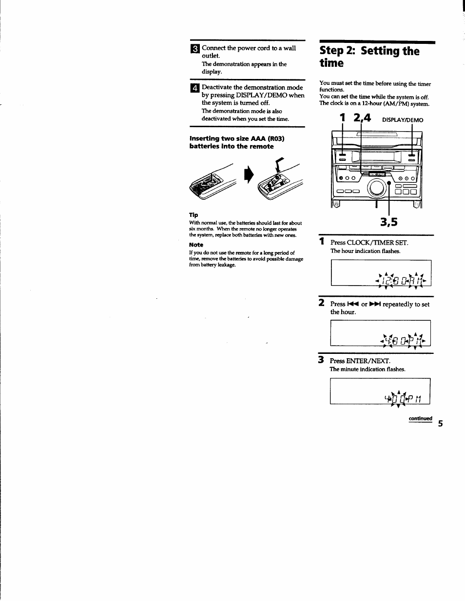 Note, Step 2: setting the time | Sony MHC-RXD2 User Manual | Page 5 / 28