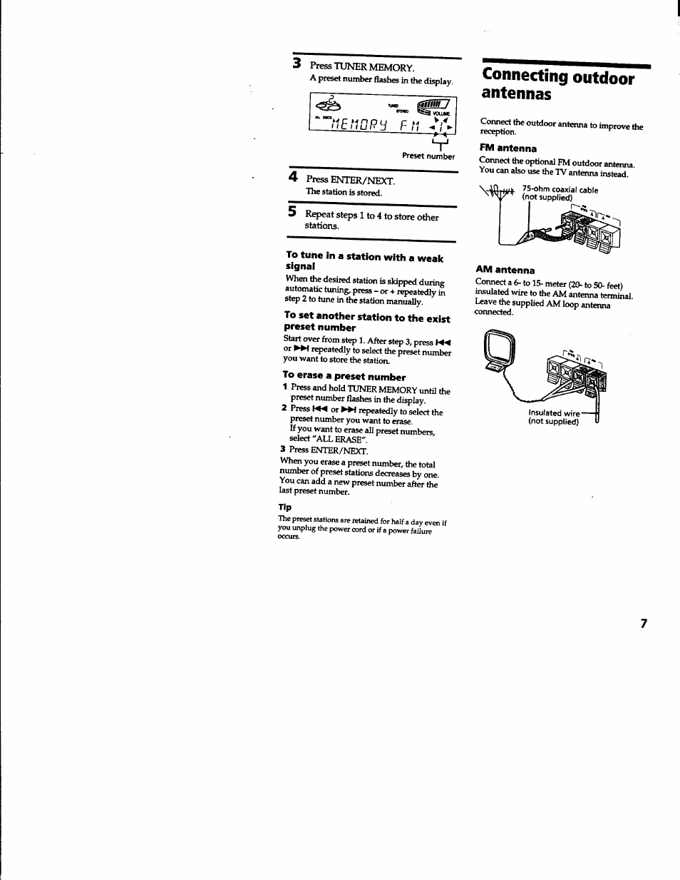 To tune in a station with a weak signal, To set another station to the exist preset number, To erase a preset number | Connecting outdoor antennas, Fm antenna, Am antenna, Connecting outdoor anteimas | Sony MHC-RXD2 User Manual | Page 7 / 28