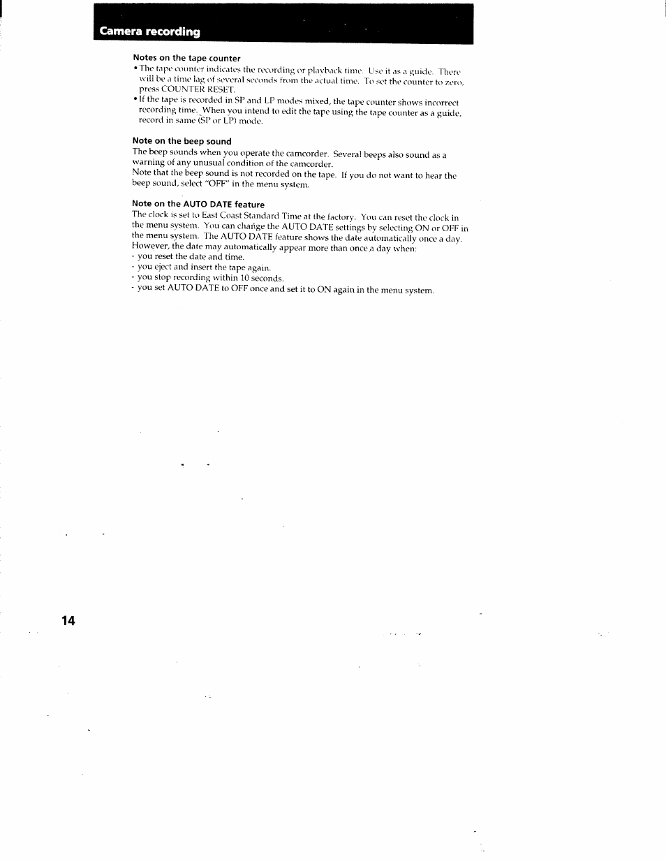 Notes on the tape counter, Note on the beep sound, Note on the auto date feature | Camera recording | Sony CCD-TR87 User Manual | Page 12 / 77