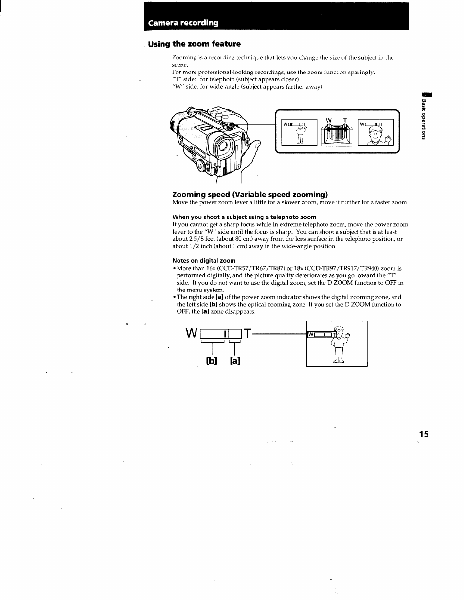Using the zoom feature, Zooming speed (variable speed zooming), Notes on digital zoom | Using the zoom feature............. '..........'15 | Sony CCD-TR87 User Manual | Page 13 / 77