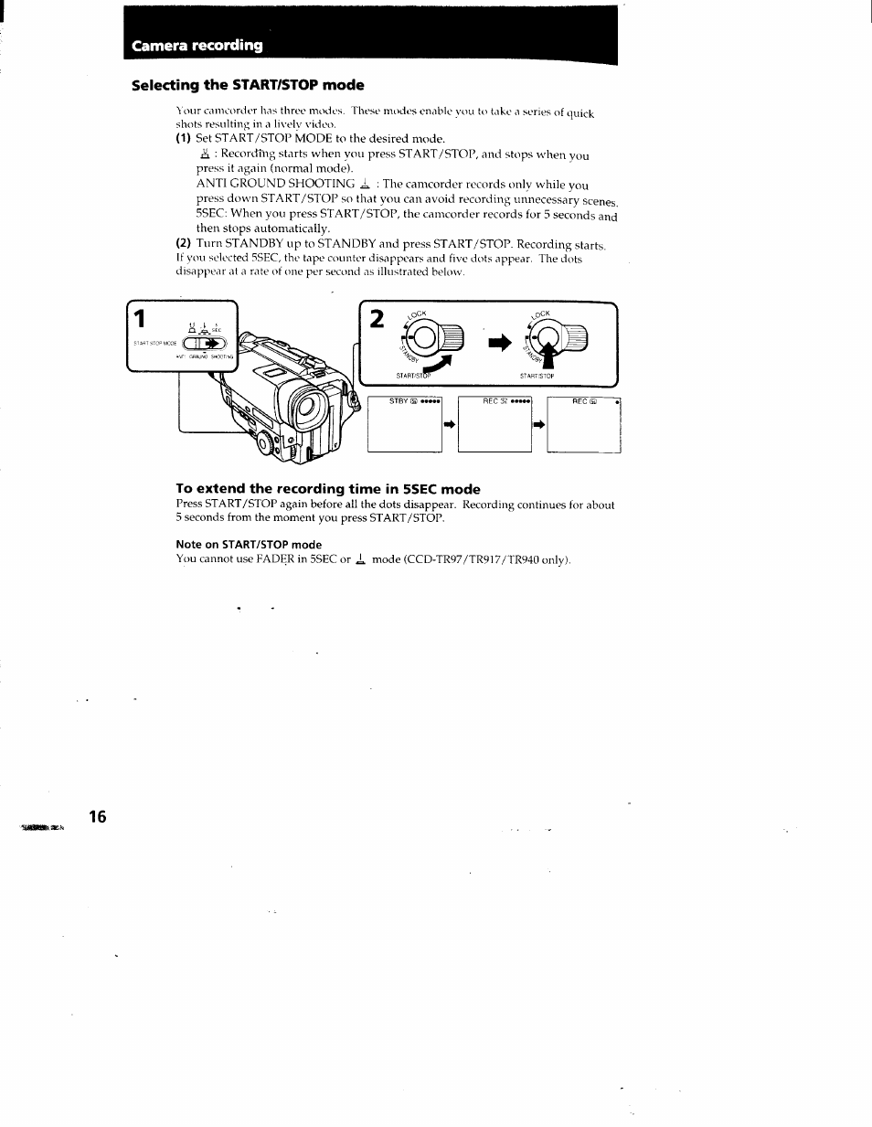 Selecting the start/stop mode, To extend the recording time in 5sec mode, Note on start/stop mode | Camera recording | Sony CCD-TR87 User Manual | Page 14 / 77