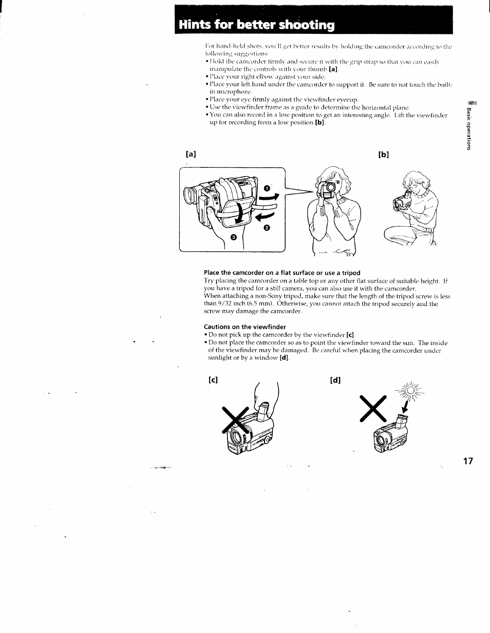 Hints for bettor shooting, Cautions on the viewfinder, Hints for better shooting | Sony CCD-TR87 User Manual | Page 15 / 77