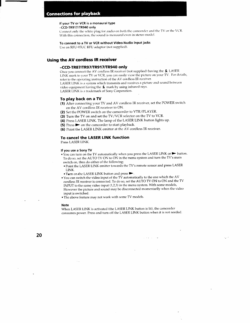 Connections for playback, Using the av cordless ir receiver, Ccd-tr87/tr97/tr917n‘r940 only | To play back on a tv, To cancel the laser link function, If you use a sony tv, Note | Sony CCD-TR87 User Manual | Page 18 / 77