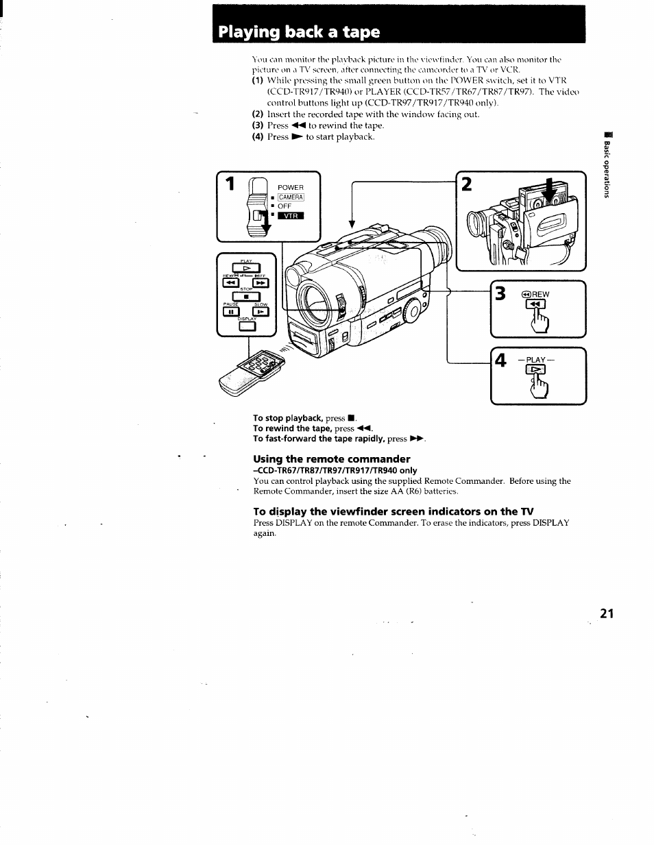 Playing back a tape, Using the remote commander | Sony CCD-TR87 User Manual | Page 19 / 77