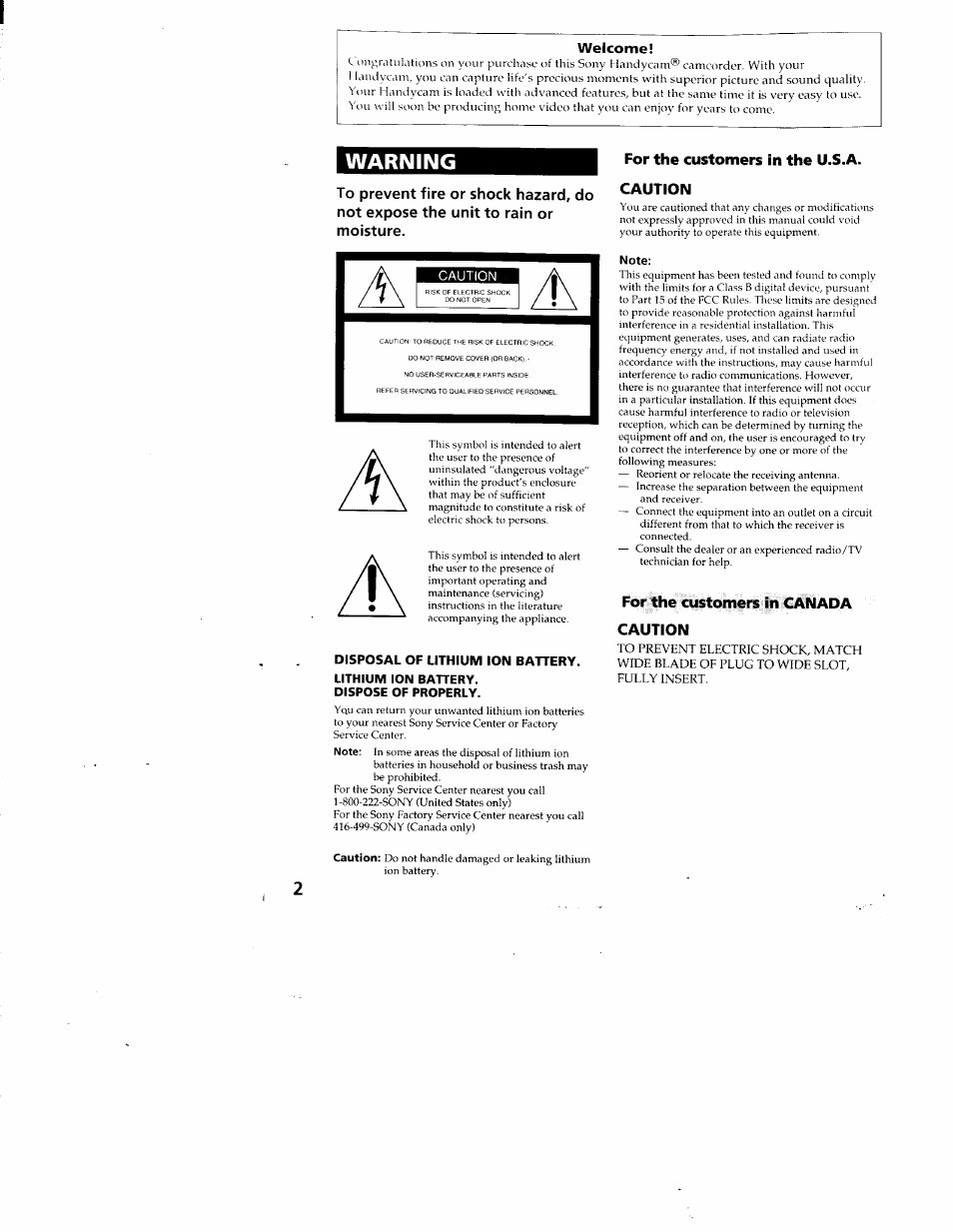 Welcome, Note, Warning | Sony CCD-TR87 User Manual | Page 2 / 77