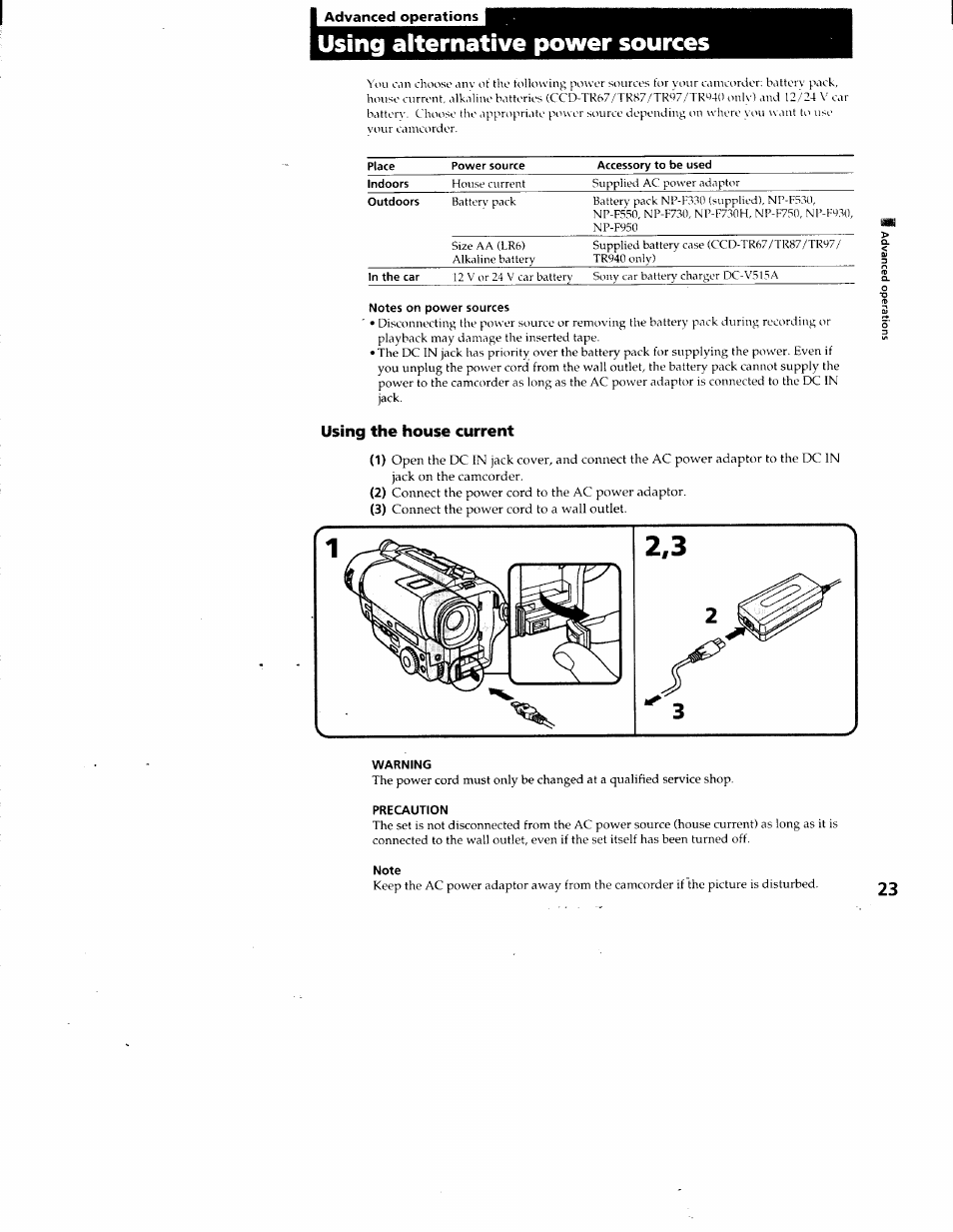 I advanced operations, Using alternative power sources, Notes on power sources | Warning, Precaution, Note | Sony CCD-TR87 User Manual | Page 21 / 77