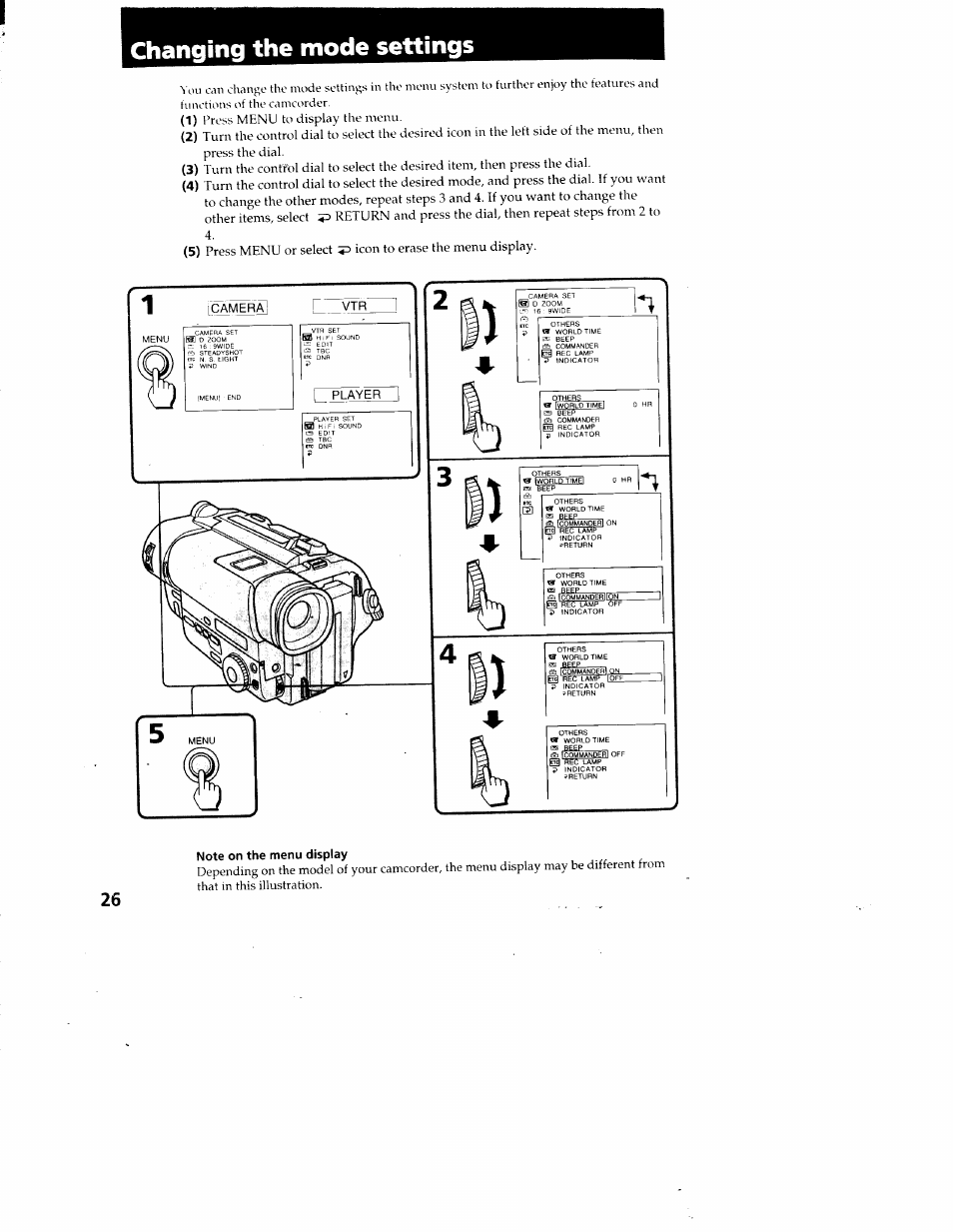 Changing the mode settings, Note on the menu display | Sony CCD-TR87 User Manual | Page 24 / 77