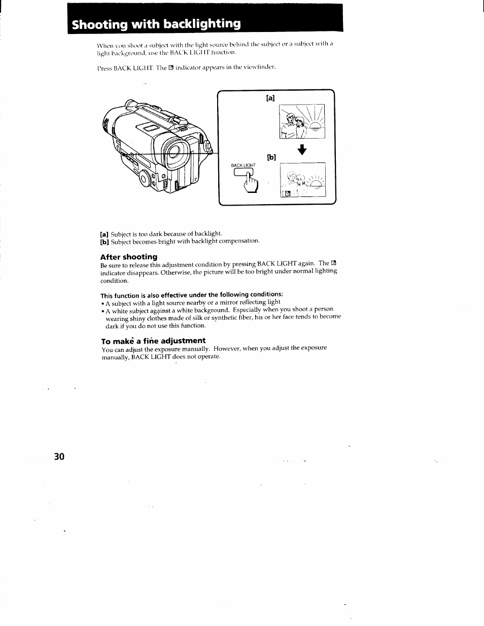 Shooting with backlighting, After shooting, To make a fine adjustment | Sony CCD-TR87 User Manual | Page 28 / 77