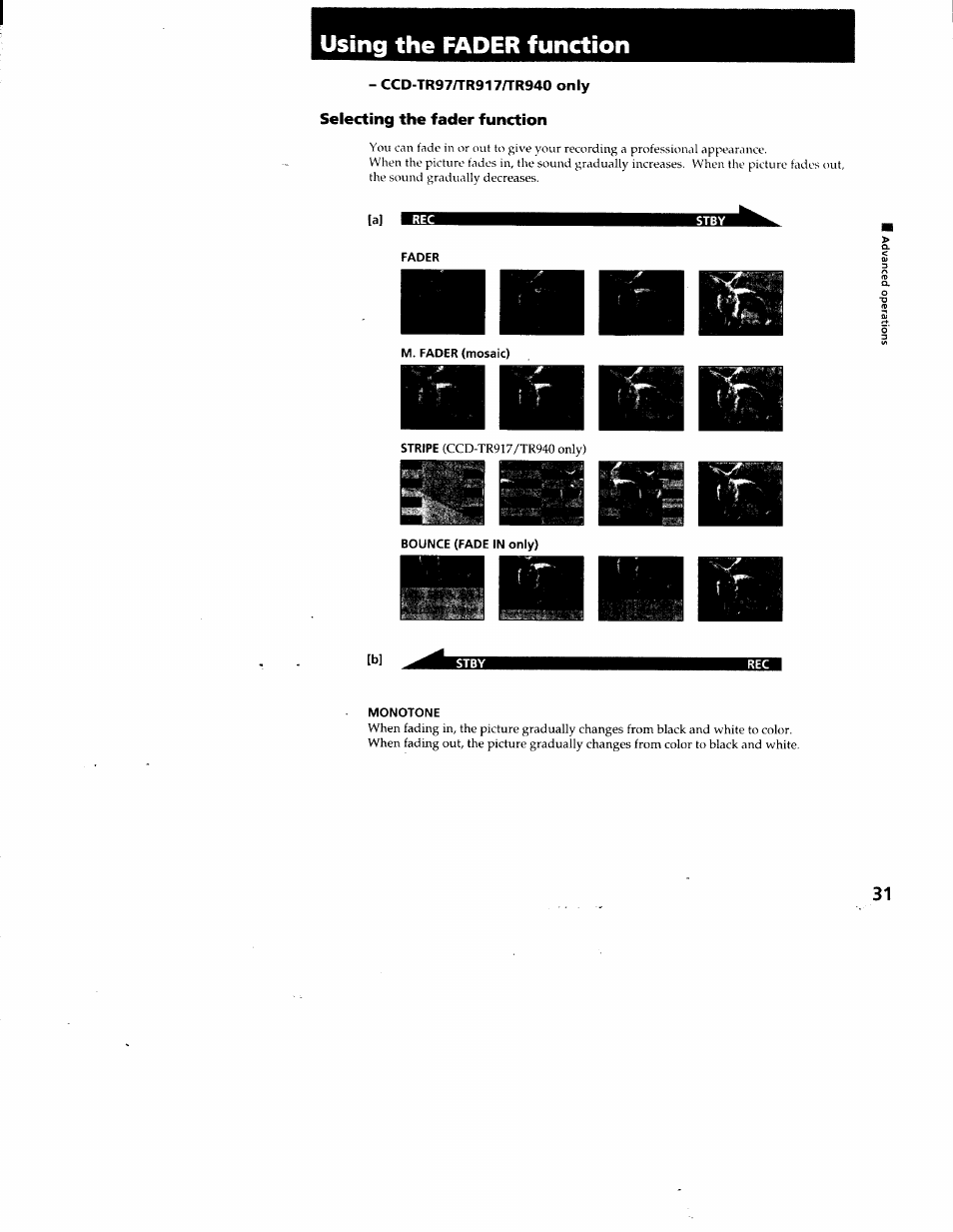 Ccd-tr97/tr917/tr940 only, Selecting the fader function, Monotone | Using the fader function | Sony CCD-TR87 User Manual | Page 29 / 77
