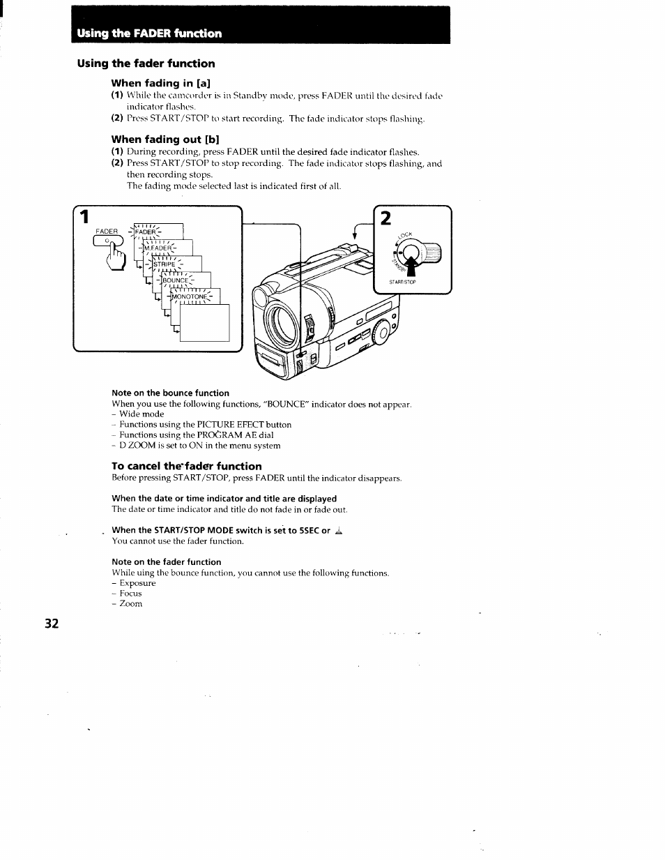 Using the fader function when fading in [a, Note on the bounce function, To cancel the'fader function | Note on the fader function, Using the fader liinction | Sony CCD-TR87 User Manual | Page 30 / 77