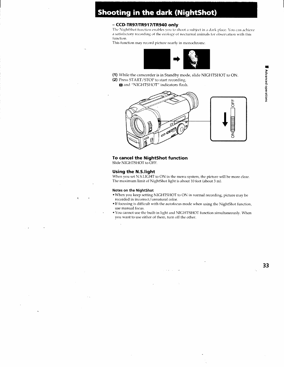 Shooting in the dark (nightshot), Ccd-tr97/tr917/tr940 only, To cancel the nightshot function | Using the n.s.light, Notes on the nightshot | Sony CCD-TR87 User Manual | Page 31 / 77