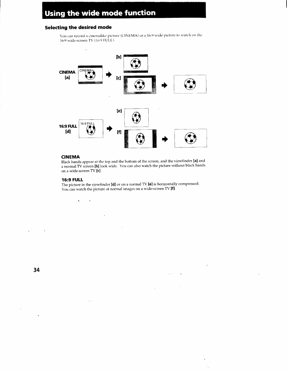 Selecting the desired mode, Qnema, 9 i=ull | Cinema, 9 full, Using the wide mode function | Sony CCD-TR87 User Manual | Page 32 / 77